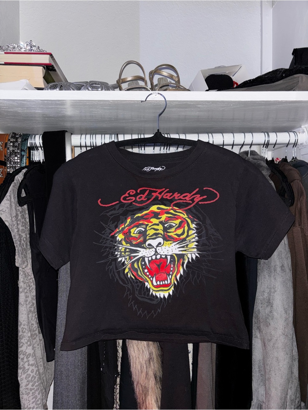 Ed Hardy Black Tee with Red and Yellow Tiger Graphic - Picture 3 of 5